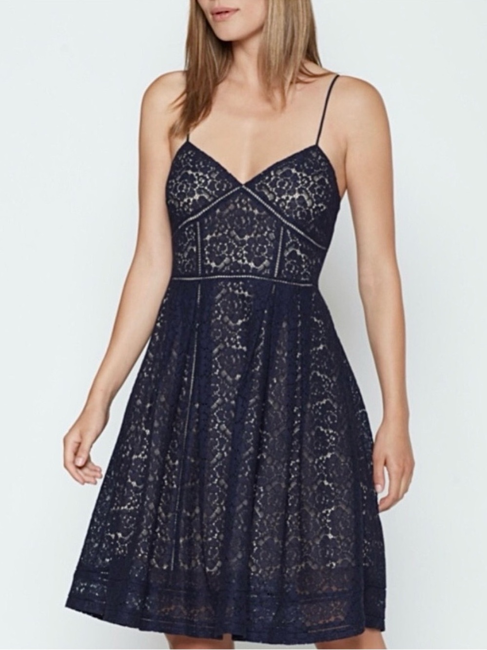 Joie Solandra Navy Blue Lace Fit And Flare Babydoll VNeck Sleeveless Mini Dress
